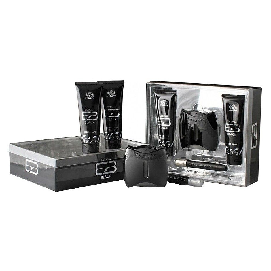 NEW BRAND Extasia Black For Men EDT spray 100ml + AFTER SHAVE 130ml + SHOWER GEL 130ml + EDT spray 15ml