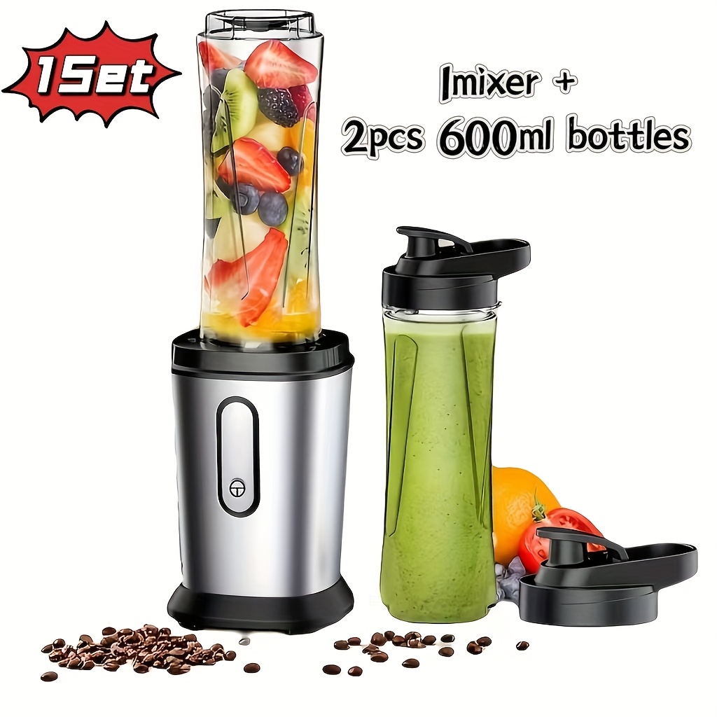 TEMU Przenośny mini blender pionowy 500W do smoothie z dwoma butelkami 600 ml, służący wertykalny robot kuchenny, wyciskarka do soków, siekacz do