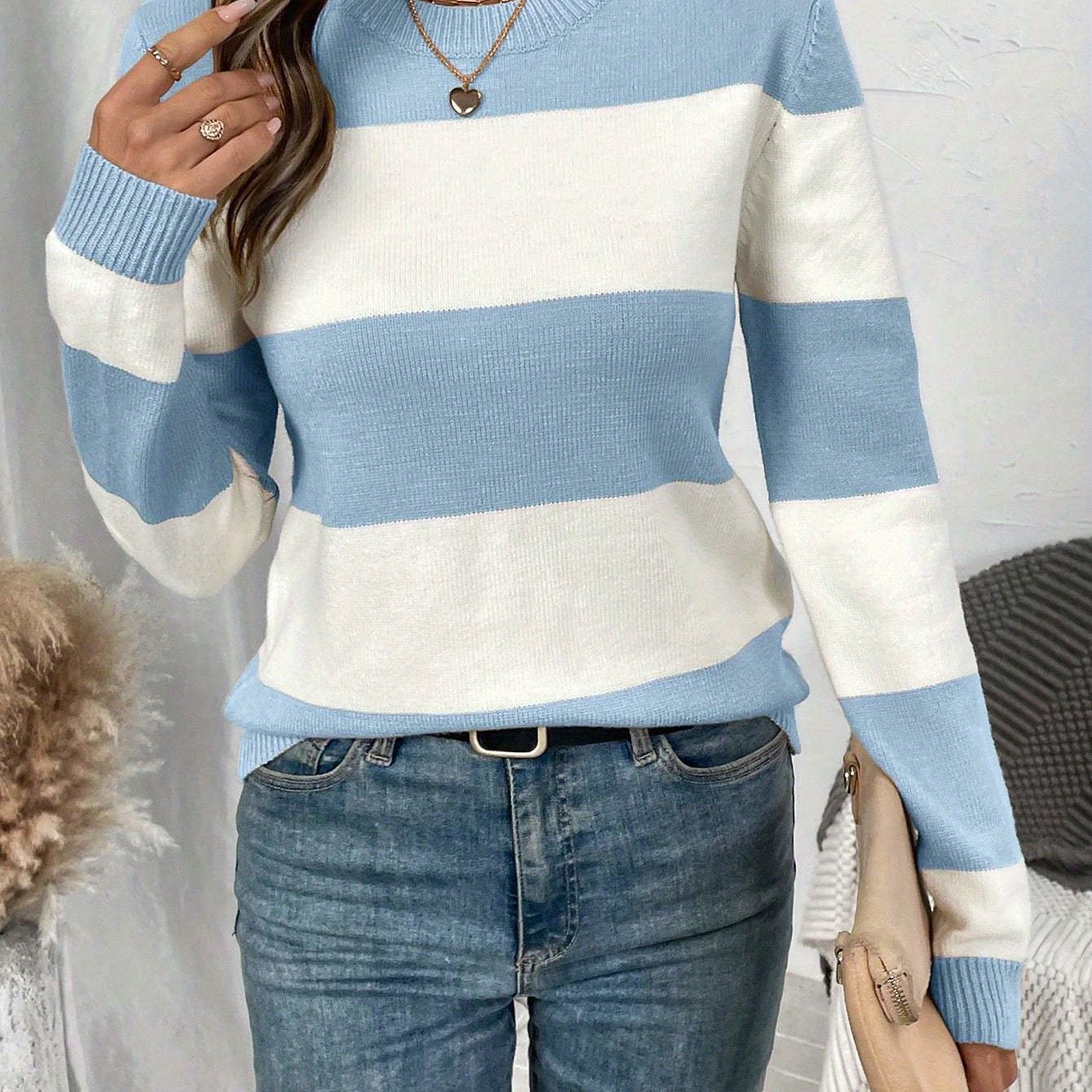 TEMU Sweter Damski Casual w Paski - Niebiesko-Biały, Okrągły Dekolt z Wysoką Elastycznością, Długi Rękaw, Wygodny na Każdą Porę Roku, Pranie