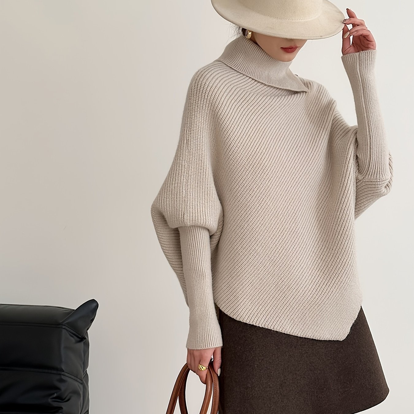 TEMU Elegancki damski sweter w stylu francuskim z kołnierzykiem - miękki, elastyczny płaszcz zimowy z asymetrycznym dołem i rękawami typu 