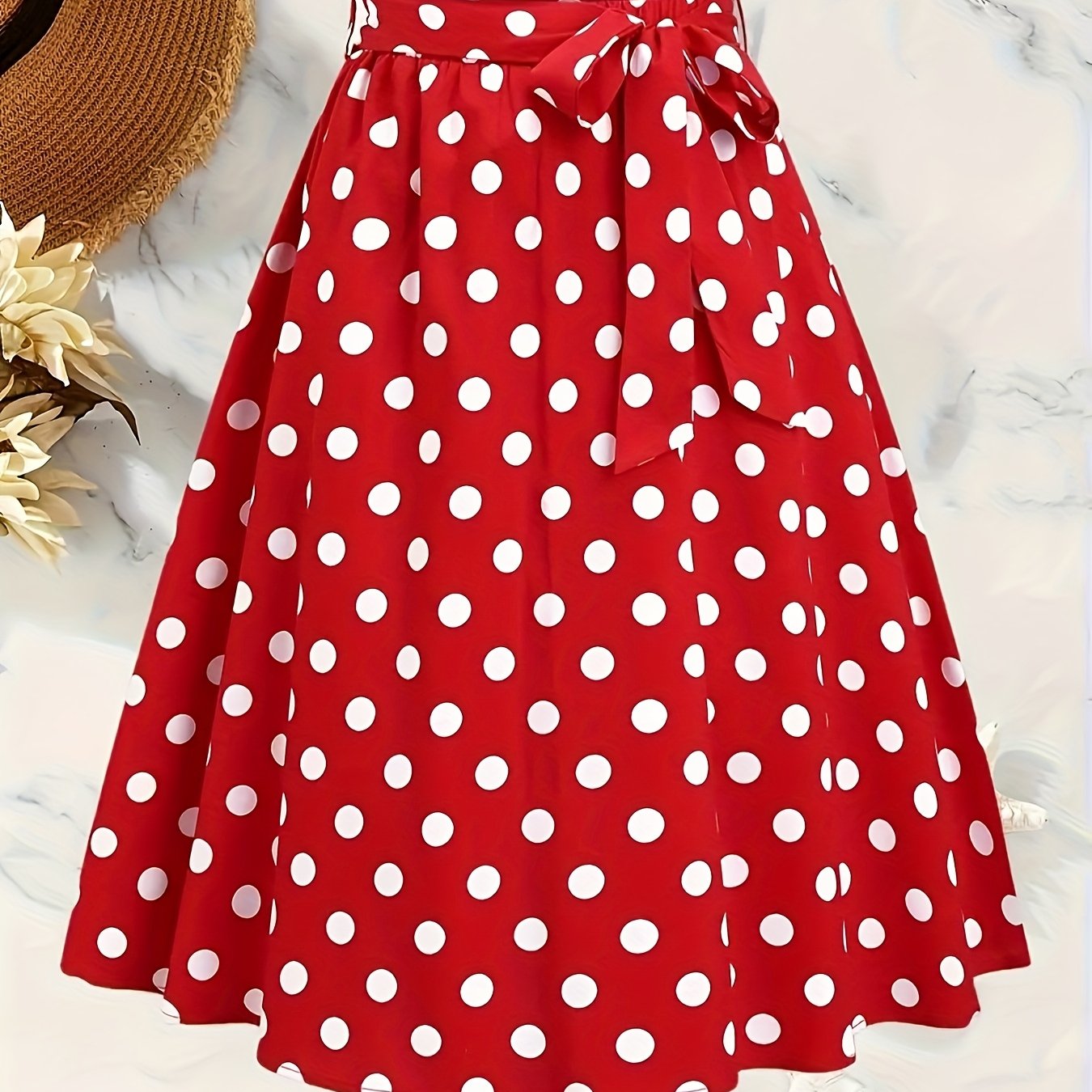 TEMU Uniwersalna spódnica w kropki z paskiem i kokardą, idealna na każdą porę roku.