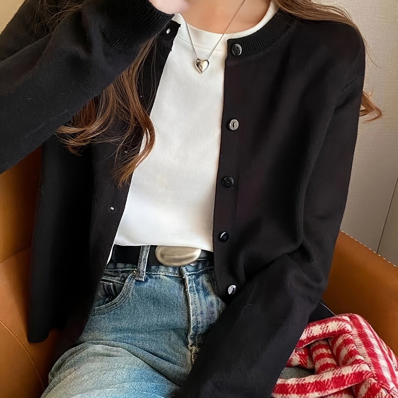 TEMU Elegancki damski sweter kardigan - jednolity , dzianina, okrągły dekolt, długie rękawy, regularny krój, na każdą porę roku