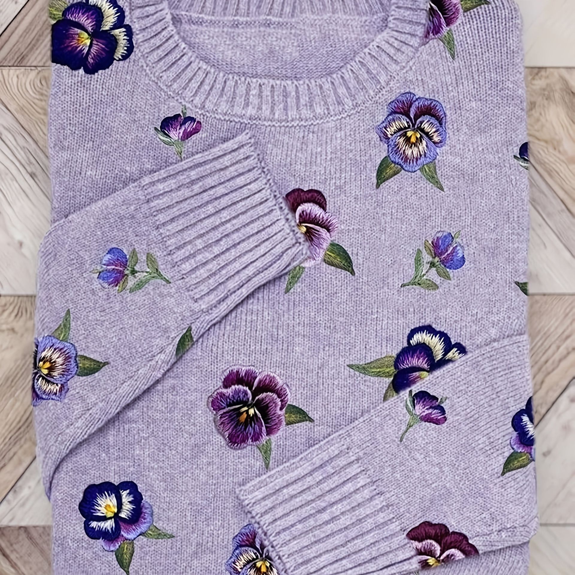 TEMU Sweter Damski z Długim Rękawem i Okrągłym Dekoltem w Kolorowe Kwiaty - Miękka Bluzka na Wiosnę i Jesień, Luźny Krój, przez Cały Rok, Codzienne