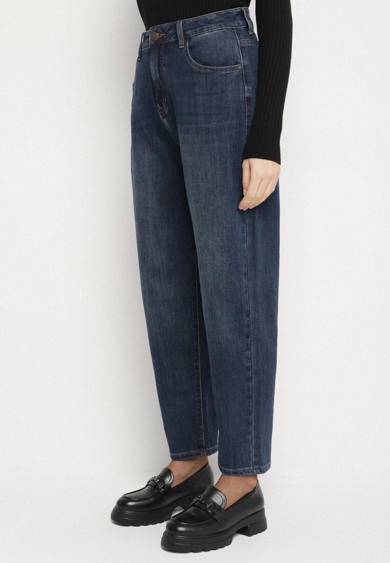 Niebieskie Jeansy Mom Fit z Wiskozą i Wysokim Stanem Errelia