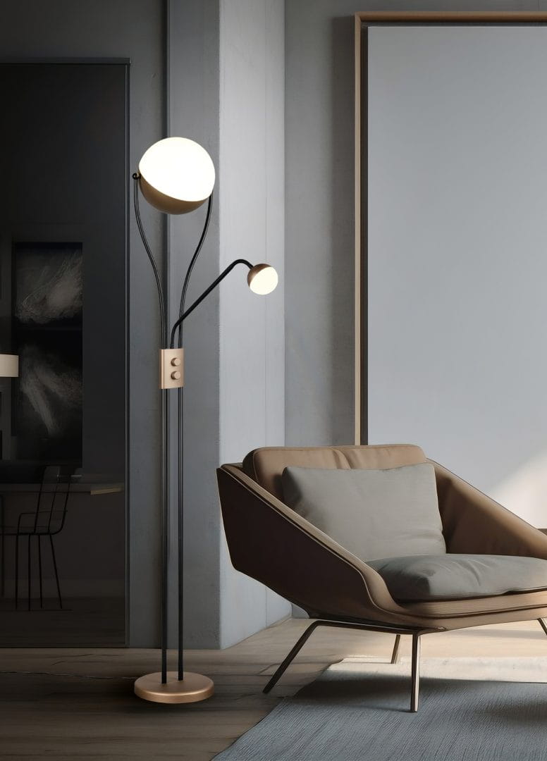 Trio CHRIS 478310265 lampa podłogowa czarno-kawowa klosze kuliste białe LED 18W + 3,8W 3000K DIM