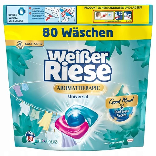 Weißer Riese Universal Trio-Caps 80 szt. — niemieckie kapsułki 3 w 1 do prania bieli i kolorów zapach Lotus