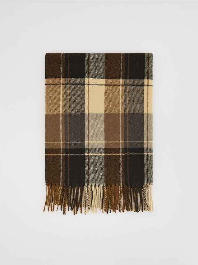 Reserved - Szalik w kratę z frędzlami - beżowy