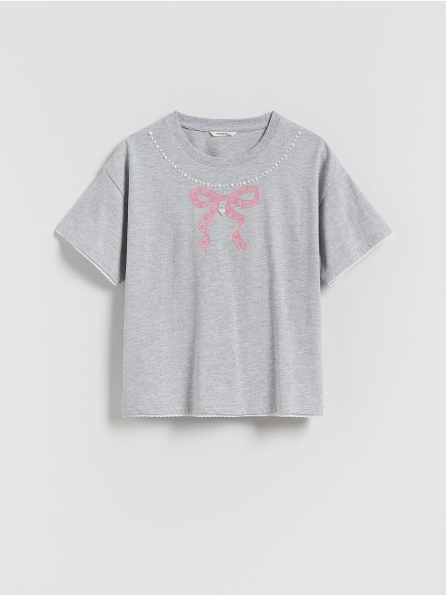 Reserved - T-shirt z perełkami - jasnoszary