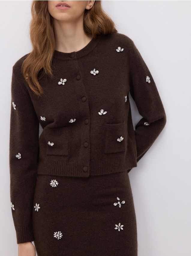 Reserved - Kardigan z aplikacjami - brązowy