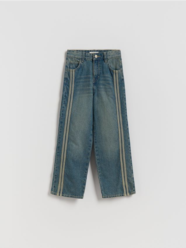 Reserved - Jeansy straight z lampasami - granatowy