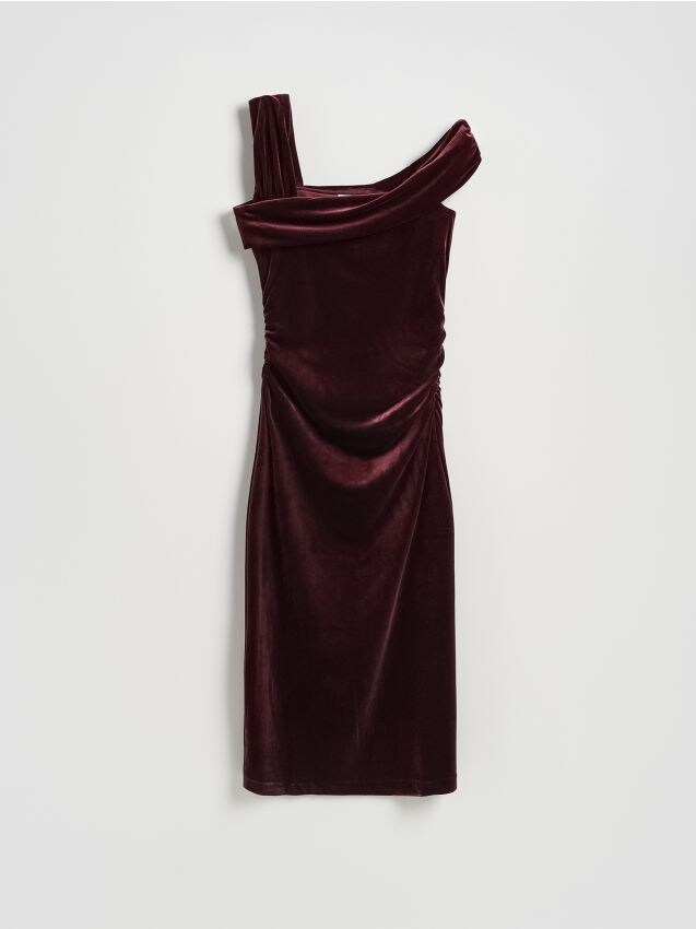 Reserved - Welurowa sukienka midi - bordowy