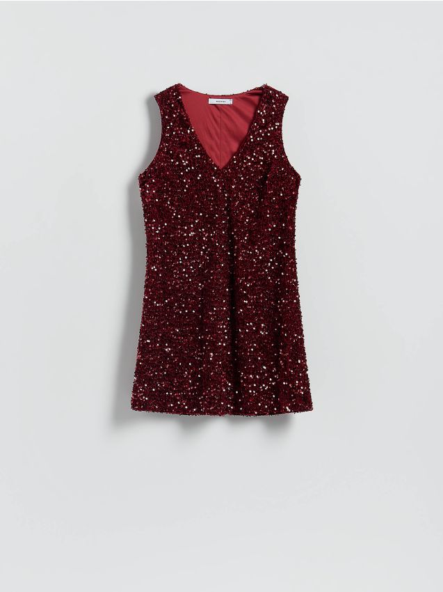 Reserved - Cekinowa sukienka mini - bordowy