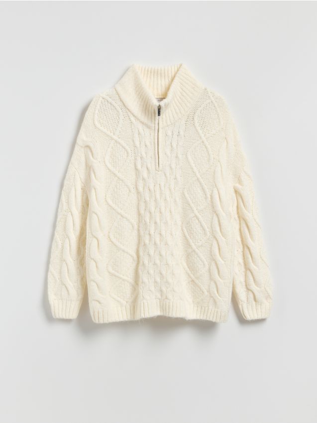 Reserved - Sweter z ozdobnym splotem - złamana biel