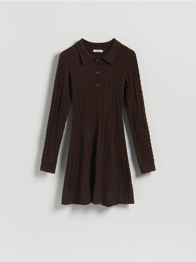 Reserved - Dzianinowa sukienka mini - ciemnobrązowy