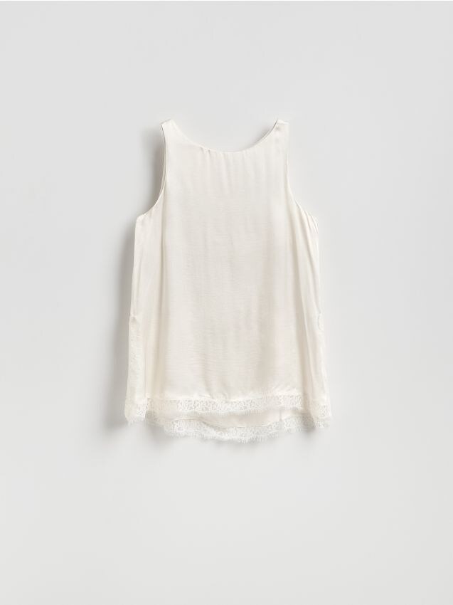 Reserved - Satynowy top z koronką - złamana biel