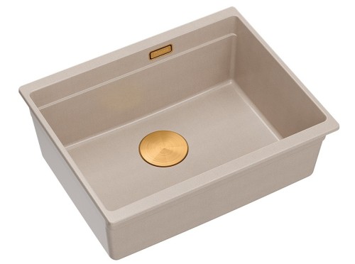 Quadron Unique Zlewozmywak granitowy jednokomorowy podwieszany 56*45*21,5 cm LOGAN 100 PEARL BEIGE z syfonem save space w kolorze miedzianym