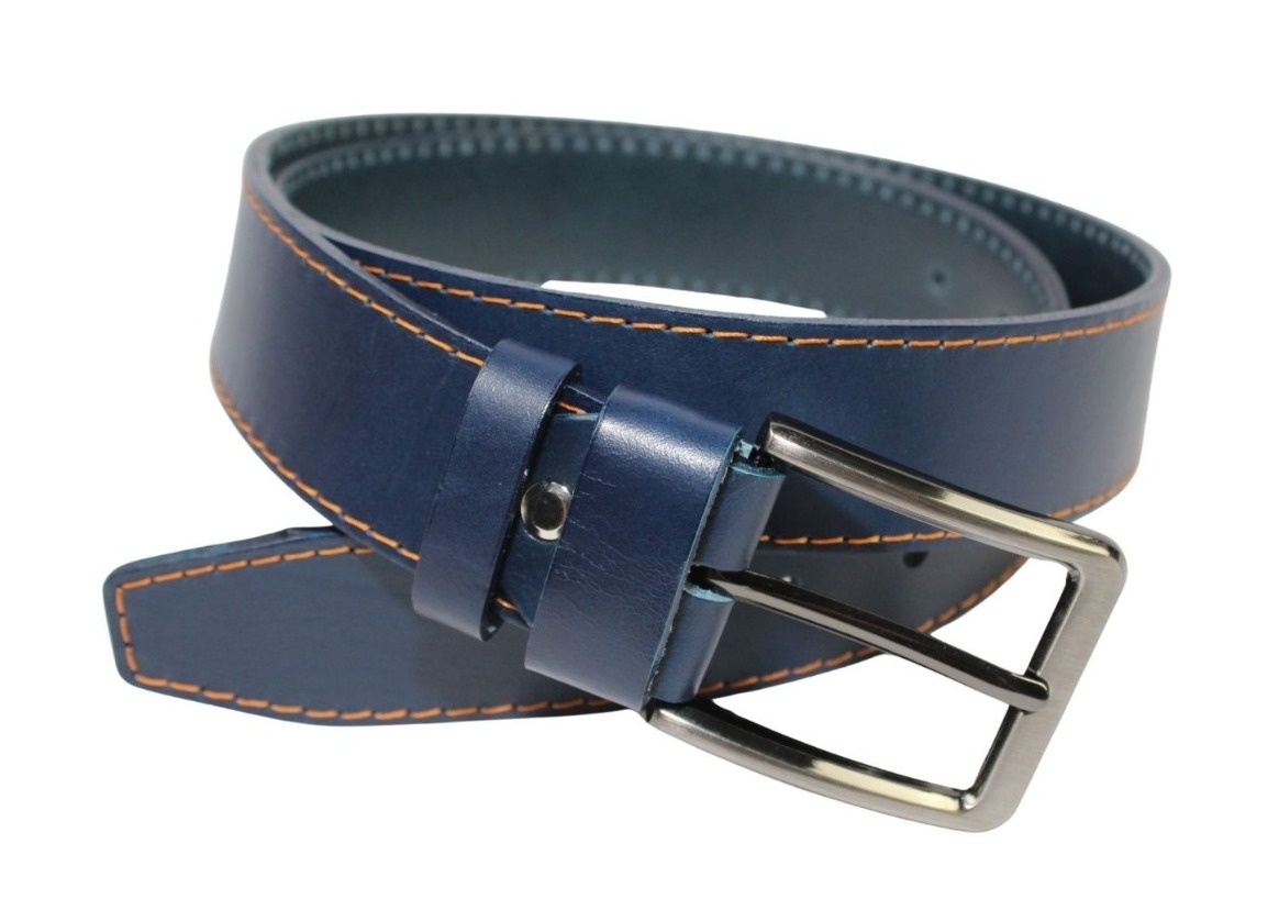 Pasek Męski Skórzany PAS-MAX (PL) Skóra Licowa EXTRA 40 mm Niebieski Z Pomarańczową Nitką