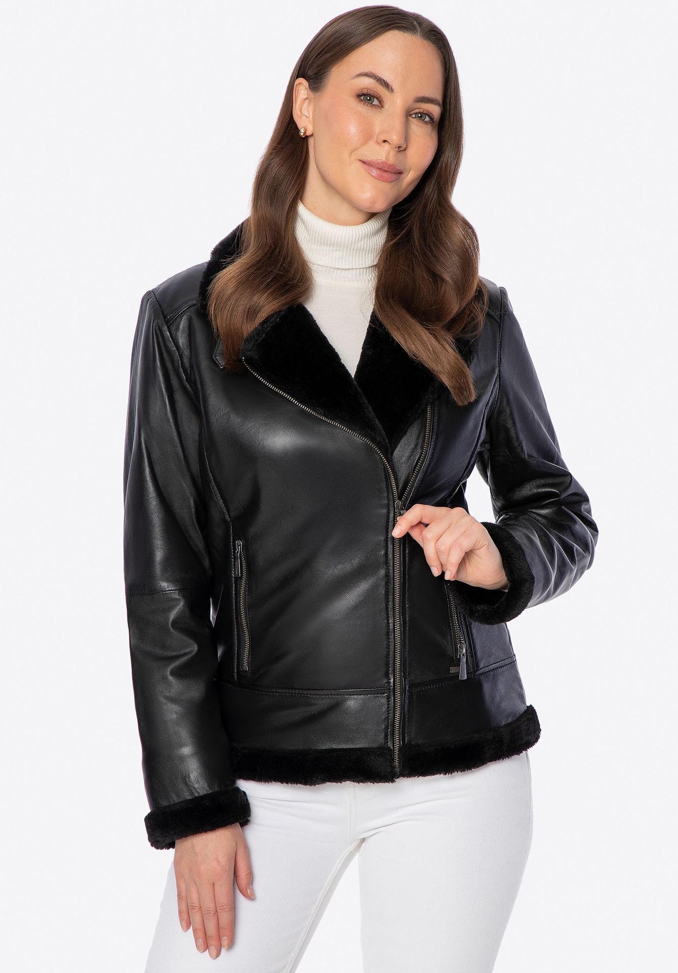 Damska kurtka ze skóry naturalnej obszyta sztucznym futrem czarna