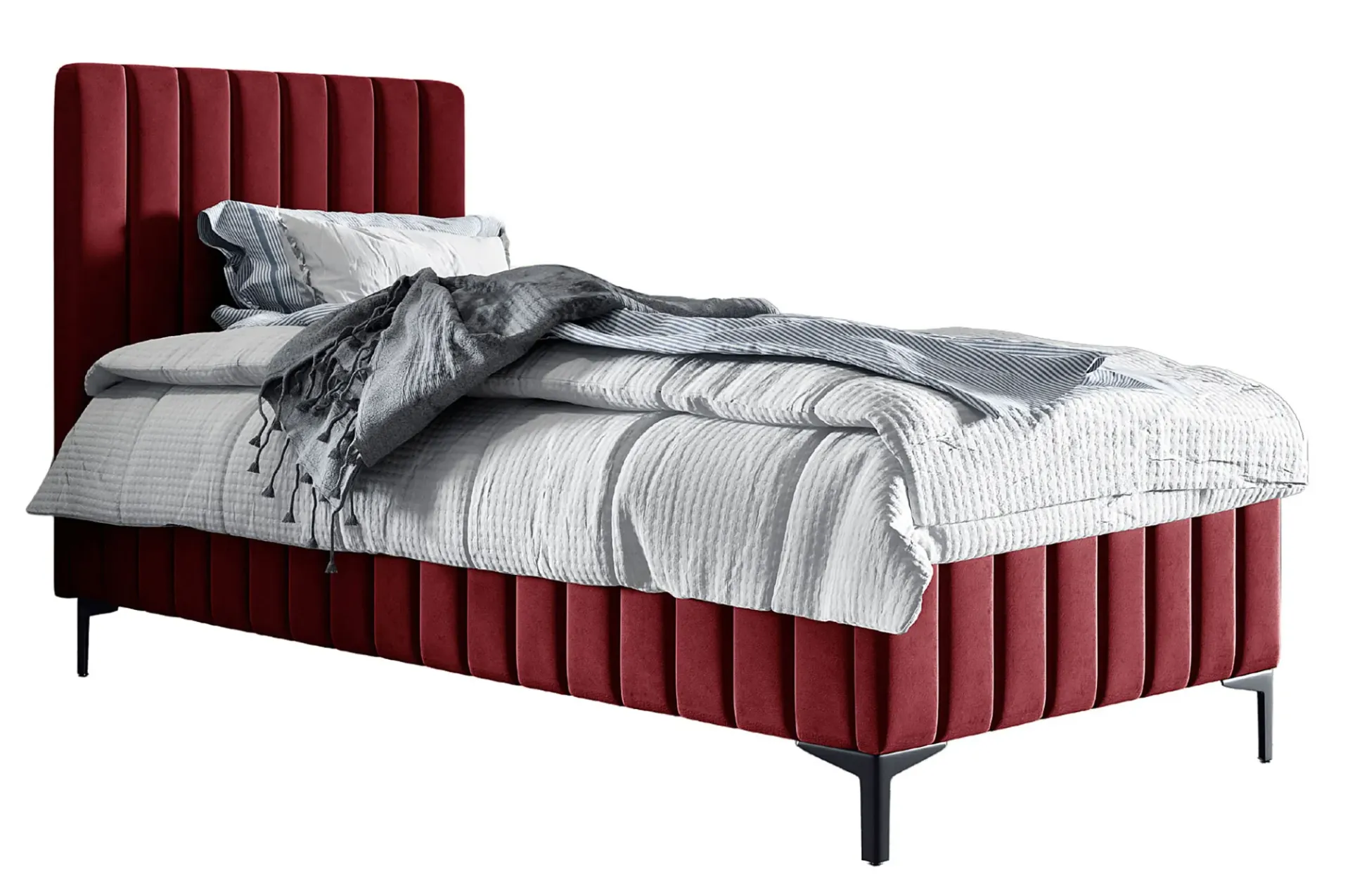 Czerwone welurowe jednoosobowe łóżko pikowane E4-N63