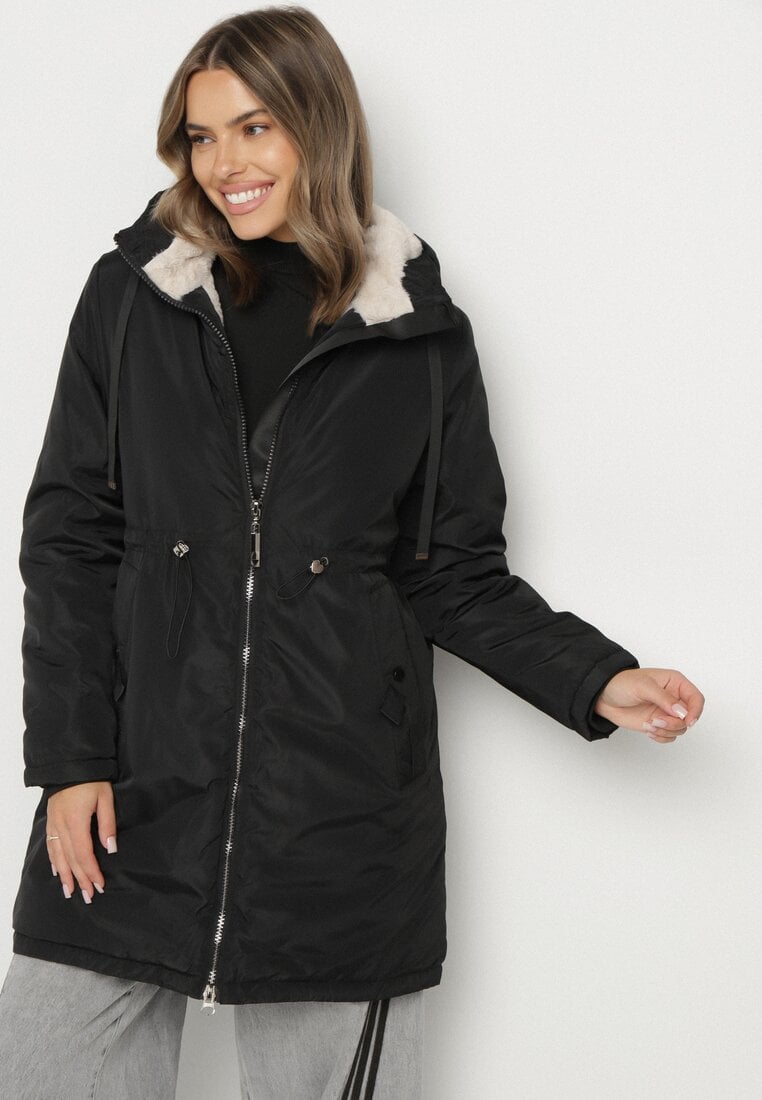 Czarna Klasyczna Kurtka Parka z Futrzaną Wyściółką Olenevia