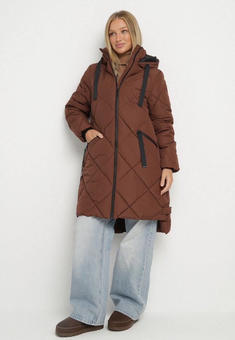 Brązowa Kurtka z Kapturem i Kieszeniami w Kraciaste Pikowane Przeszycia Ettaline