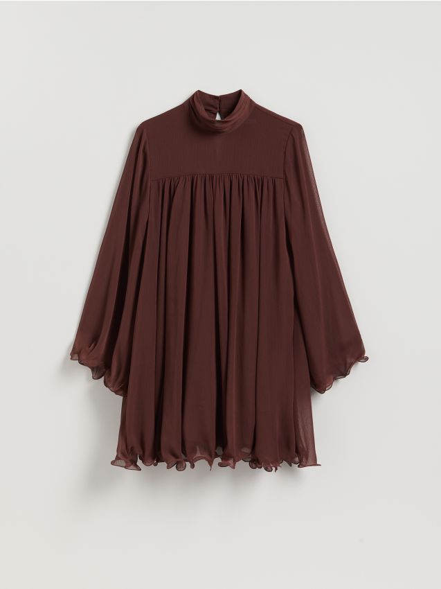 Reserved - Szyfonowa sukienka mini - ciemnobrązowy