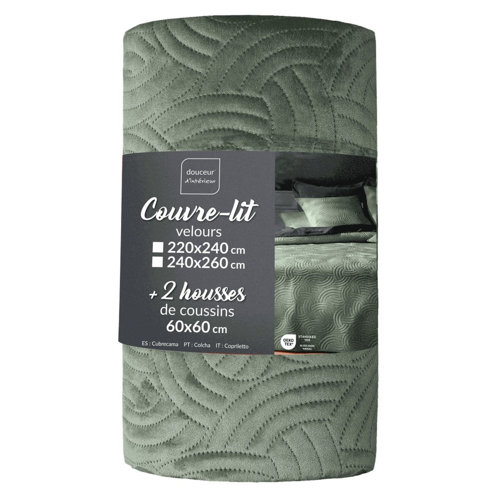 Zielony aksamitny zestaw narzuty na łóżko i poszewki na poduszkę 240x260 cm Solange – douceur d'intérieur