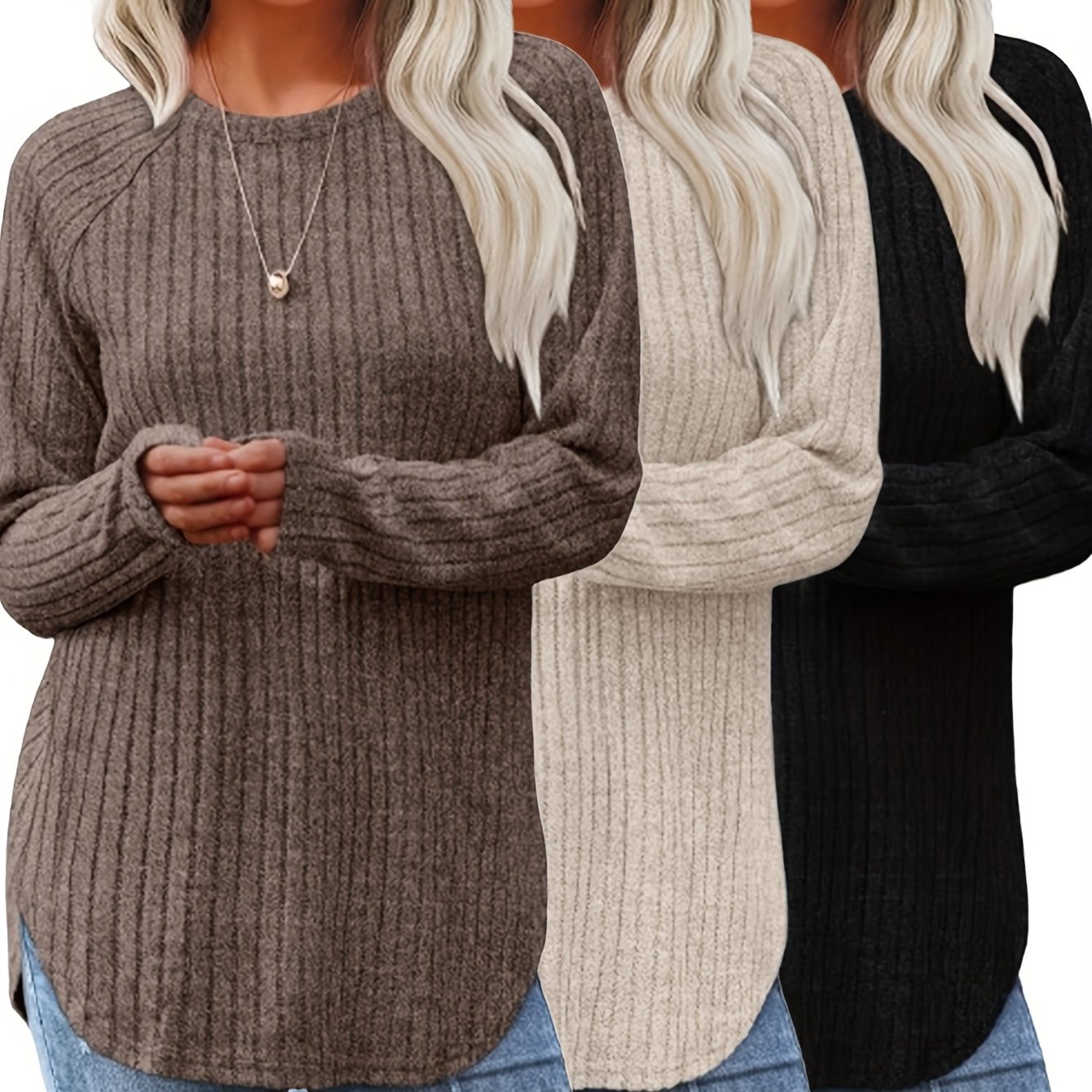 TEMU Elegancki sweter damski z długim rękawem - Miękki sweter z okrągłym dekoltem, całoroczne codzienne i formalne topy dla kobiet, do biura, na