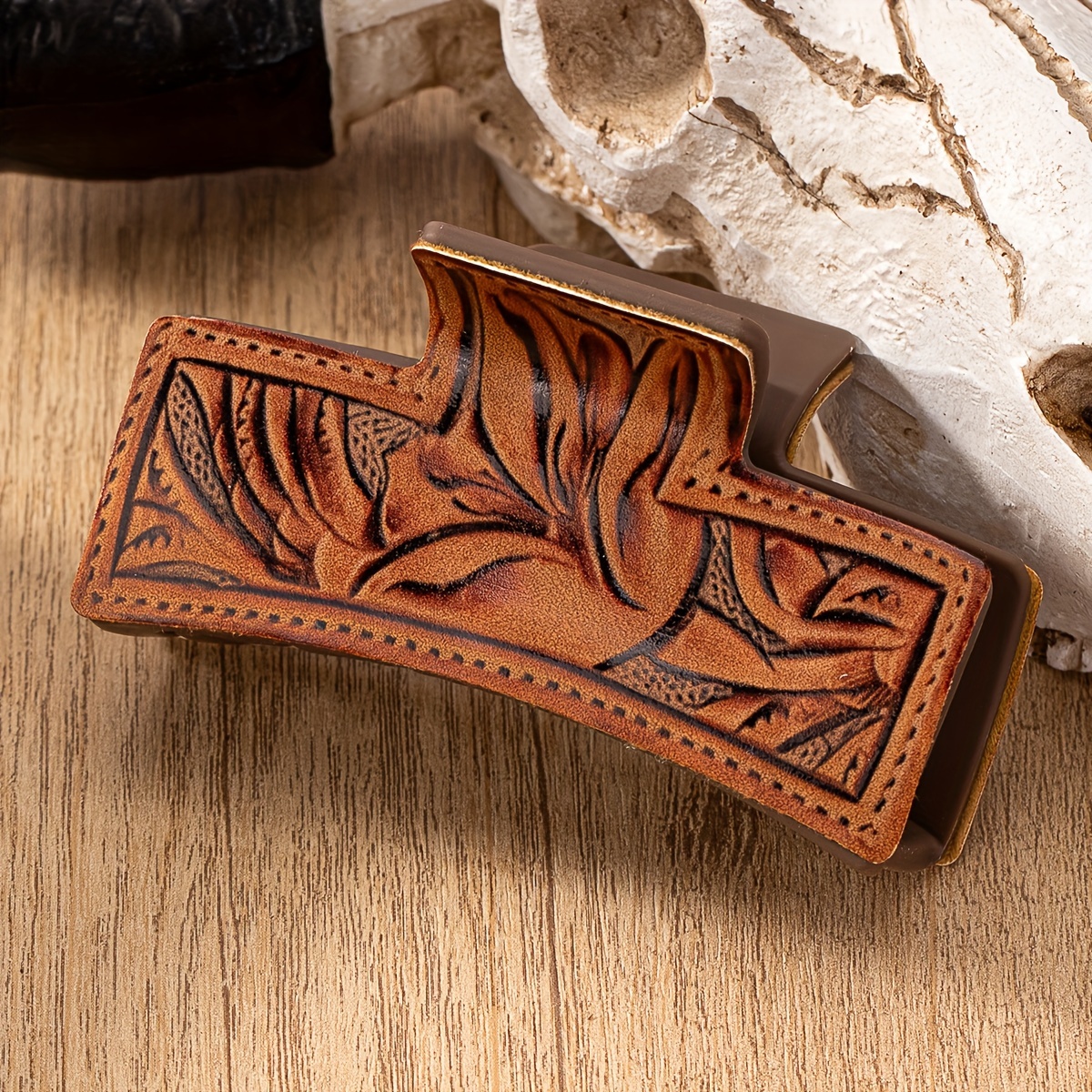 TEMU 1 szt. Spinka do Włosów z PU Skóry w Stylu Kowbojskim - Słońce i Paisley, Prostokątna Klipsa o Średniej Długości z Pewnym Uchwytem dla Kobiet,