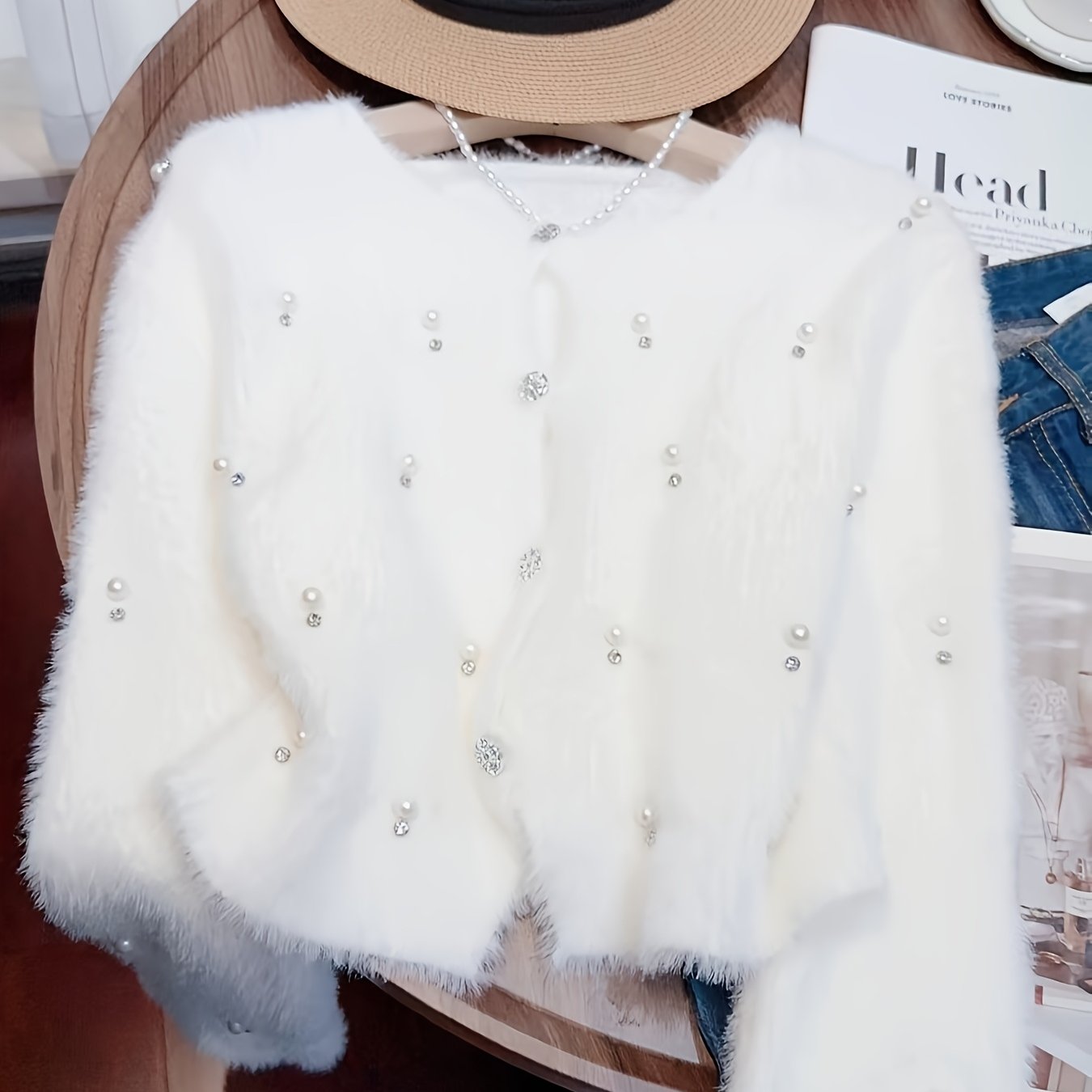 TEMU Elegancki damski różowy kardigan ze sztucznego z perłowymi zdobieniami - sweter z dekoltem w serek, długim rękawem i otwartą przodową częścią,