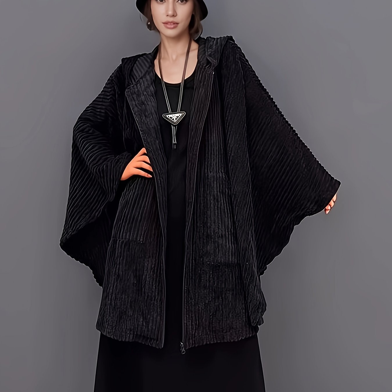 TEMU Kobieca Elegancka Kurtka z Sztruksu w Stylu Batwing - Modny Długi Rękaw z Kapturem i Zameczkiem, Czarna, Idealna na Jesienno-Zimową Modę,