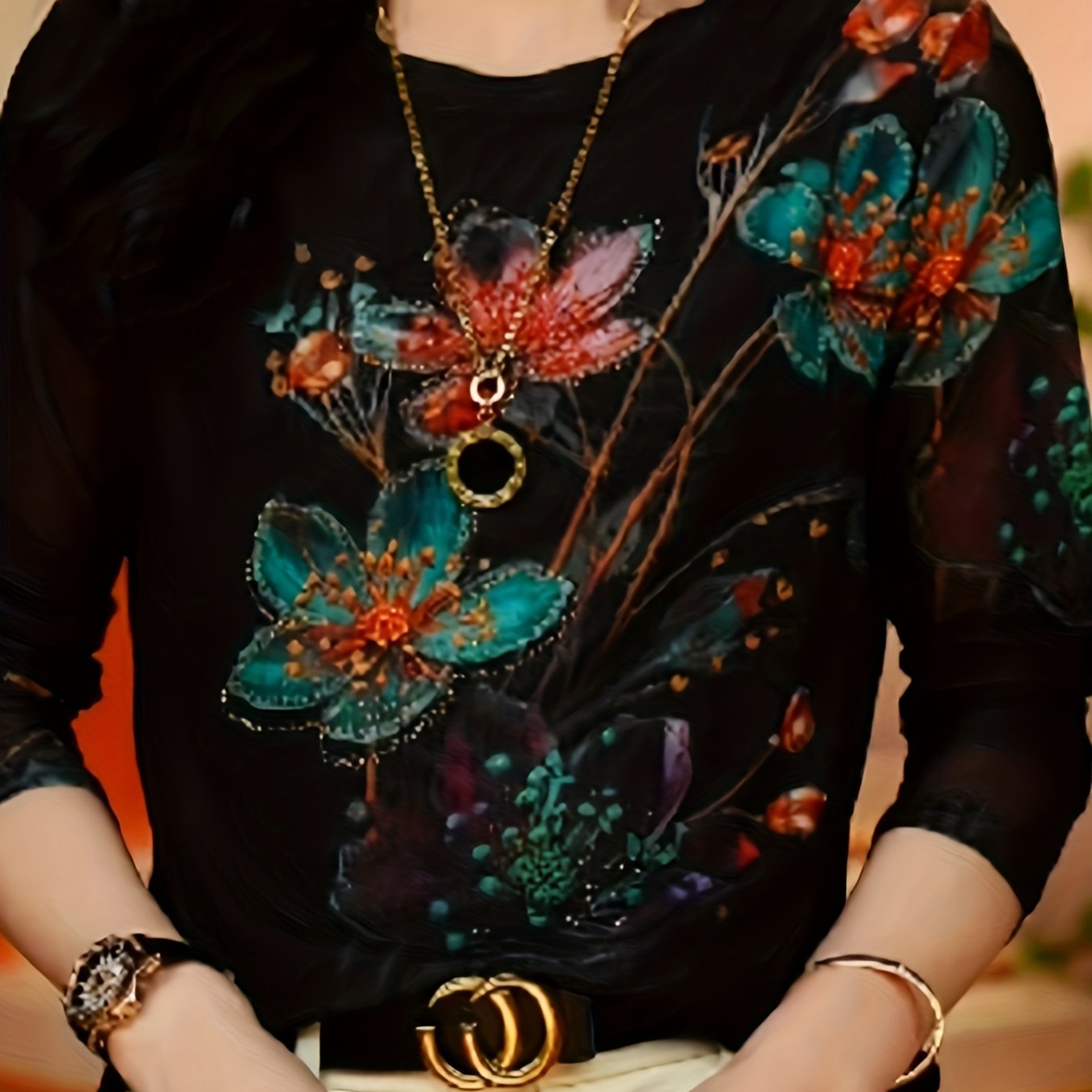 TEMU Damska koszulka z długim rękawem i kwiatowym nadrukiem - elastyczna siatka z okrągłym dekoltem, swobodny top na wiosnę/jesień z żywym wzorem