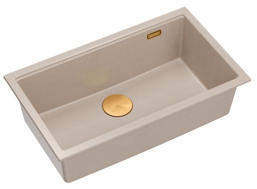 Quadron Unique Zlewozmywak granitowy jednokomorowy podwieszany 76*45*23,5 cm LOGAN 110 PEARL BEIGE z syfonem save space w kolorze miedzianym