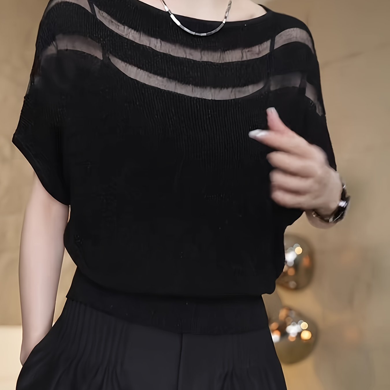 TEMU Elegancki top z fransuskim inspirowanym off-shoulder Batwing Sleeve - stylowy czarny kroszowany top z falbanką, idealny na , wszechstronny i