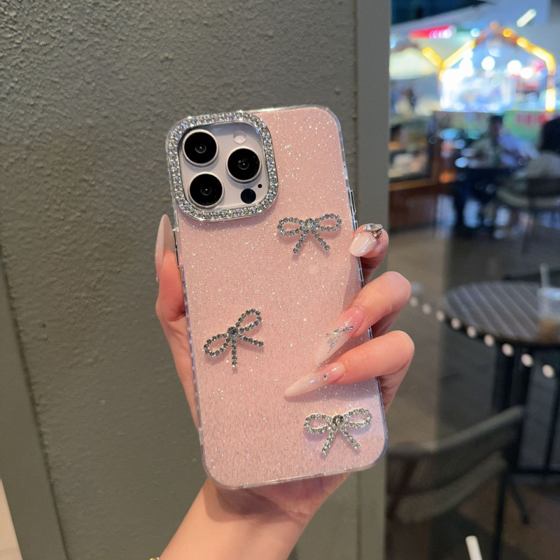 TEMU Różowe Etui na Telefon z Brokatową Kokardką i Cyrkoniami, Odpowiednie dla for iphone 16 Pro Max, 15 Pro, 14 Plus, 13, 12 oraz 11 z Ochroną