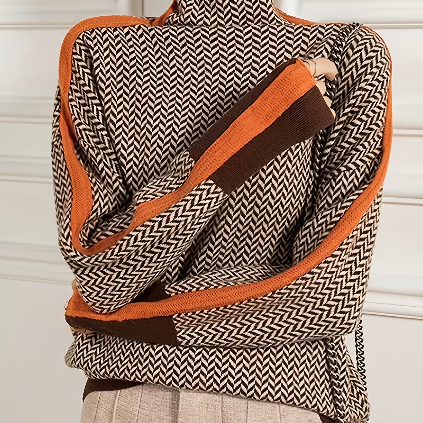 TEMU Sweter Damski Elegancki - Czarny, Brązowy, Beżowy z Akcentem Pomarańczowym na Jesień/Zimę, Do Biura i Na Co Dzień, Nieprześwitujący Sweter