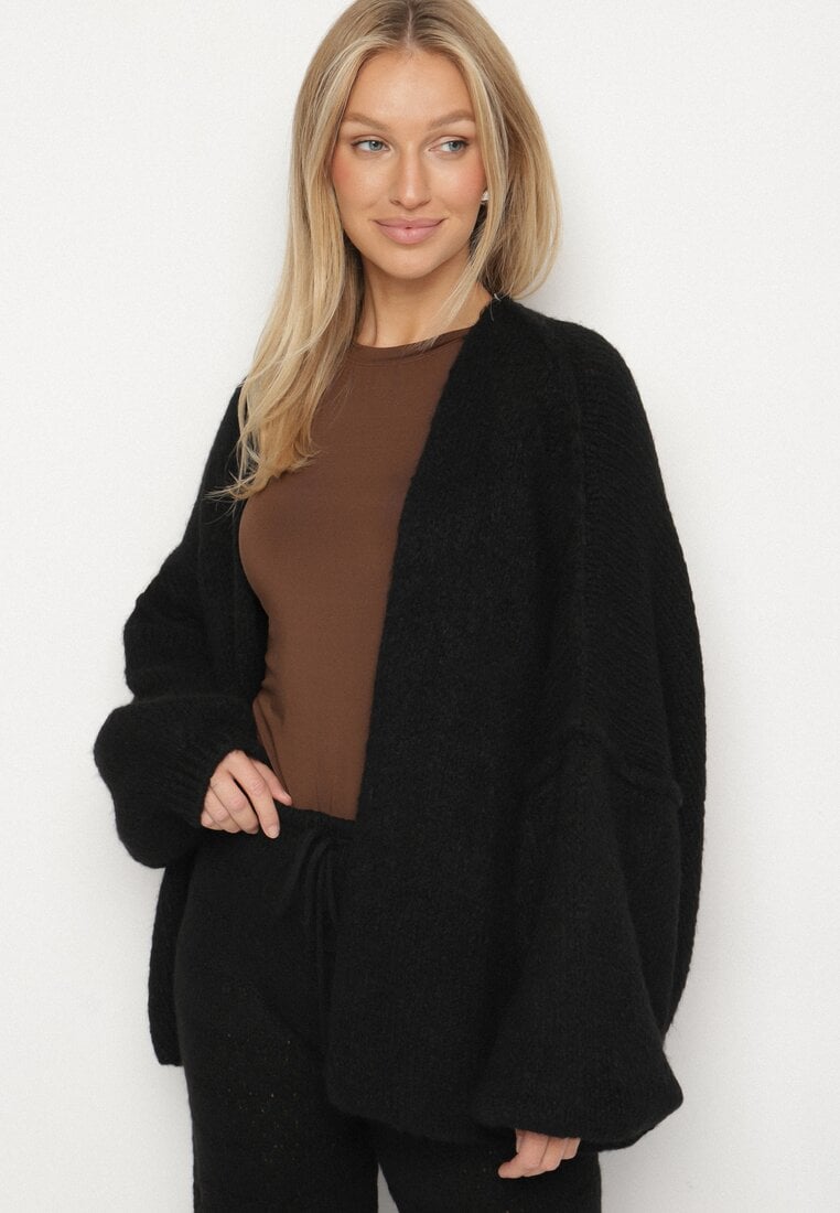 Czarny Nietoperzowy Kardigan Bez Zapięć z Domieszką Wełny i Wiskozy Rallisa
