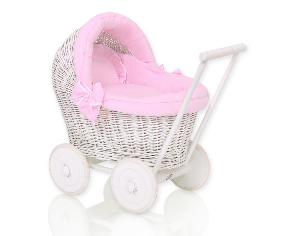 Wiklinowy wózek dla lalek pchacz biały z różową pościelką i miękką wyściółką STELLA