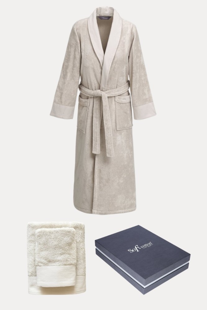 Męski szlafrok AXEL + ręczniki + pudełko S Jasnobeżowy