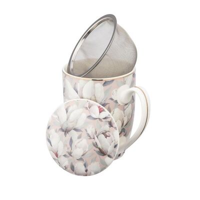 Kubek porcelanowy Magnolia z pokrywką i zaparzaczem 350 ml w kwiaty różowy