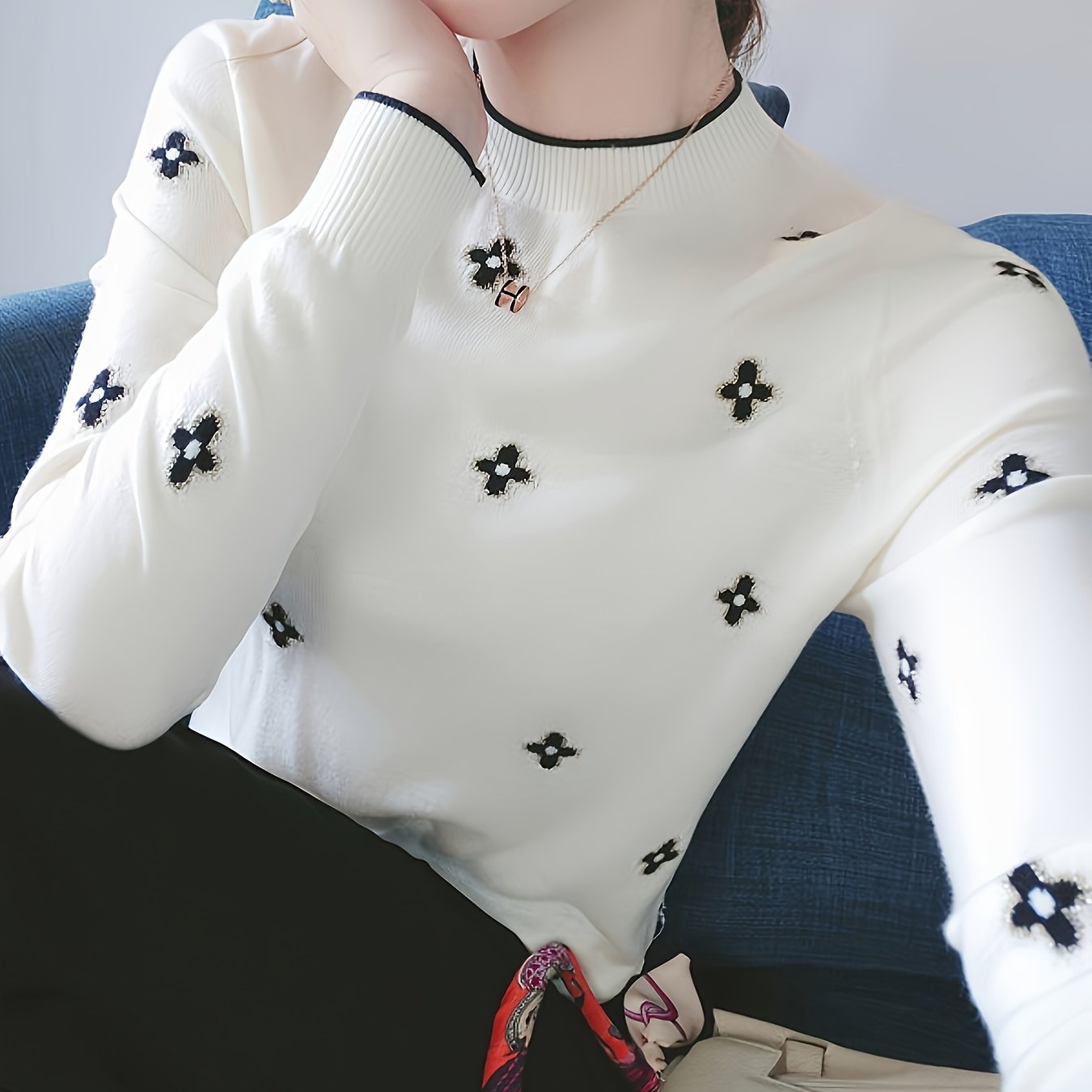 TEMU Elegancki styl damskiego dzianinowego swetera Wyszycie czterolistnej koniczyny Wysokie rozciągliwość, długi rękaw, stójka Miękki i wygodny