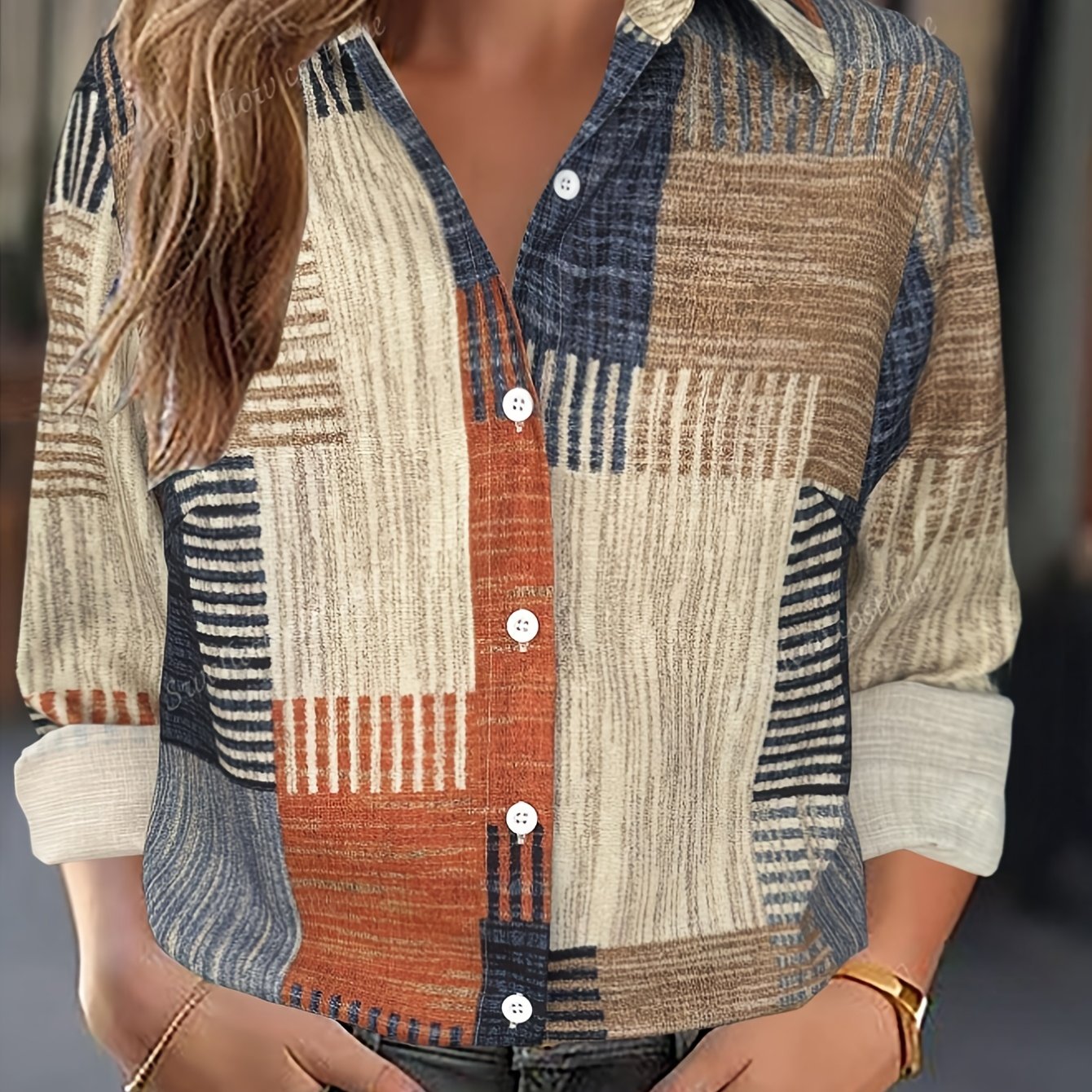 TEMU Koszula damska w stylu patchwork z krótkim rękawem i krawatem – lekki poliester, wzór blokowy w żywych kolorach, idealna na wiosnę i jesień