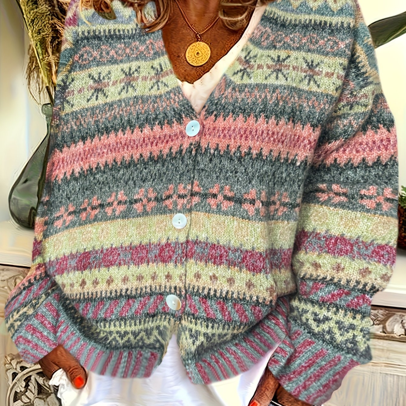 TEMU Elegancki, paskowany kardigan damski - luźny, z kolorowymi blokami i wzorami gwiazd, długi rękaw na jesień i zimę, stylowy kardigan Sweter z