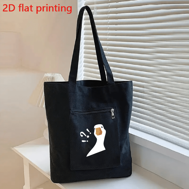 TEMU Duża Torba Tote z Nadrukiem Kaczki dla Kobiet - Składana, Casualowa na Ramię z Zamknięciem Błyskawicznym, Wytrzymała Czarna Tkanina i Stałe