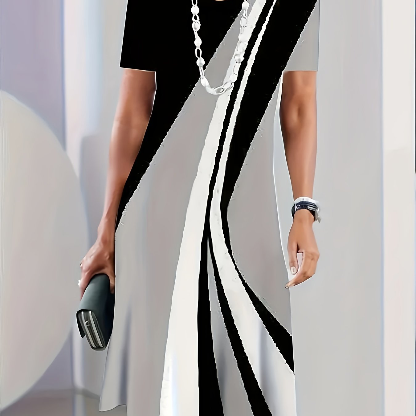 TEMU Kobiece Casualowe Sukienki z 3D Nadrukiem w Paski - Długi Rękaw, Okrągły Dekolt, Luźny Fason z Kontrastowymi Paskami, Oddychająca Tkanina do