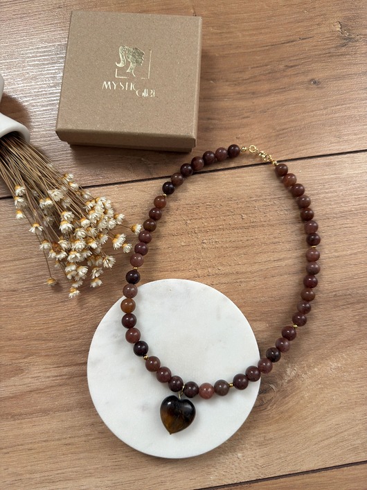 Naszyjnik brązowy z awenturynu z sercem z tygrysiego oka