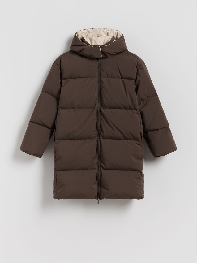 Reserved - Długi płaszcz z puchem - ciemnobrązowy