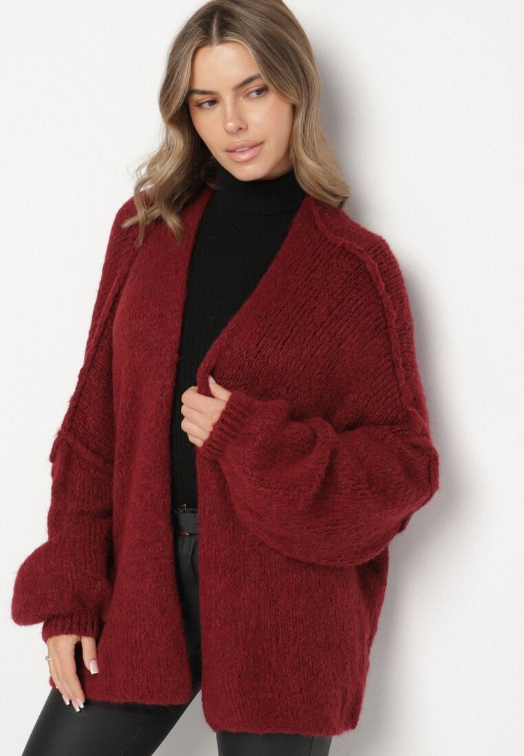 Bordowy Nietoperzowy Kardigan Bez Zapięć z Domieszką Wełny i Wiskozy Rallisa