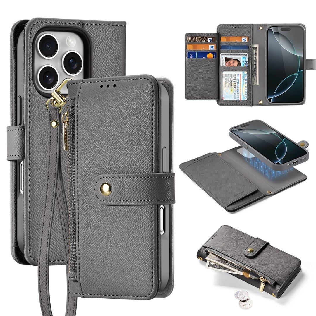 Etui skórzane Dux Ducis Lawa na iPhone 16 Pro Max z odłączanym portfelem magnetycznym - szare