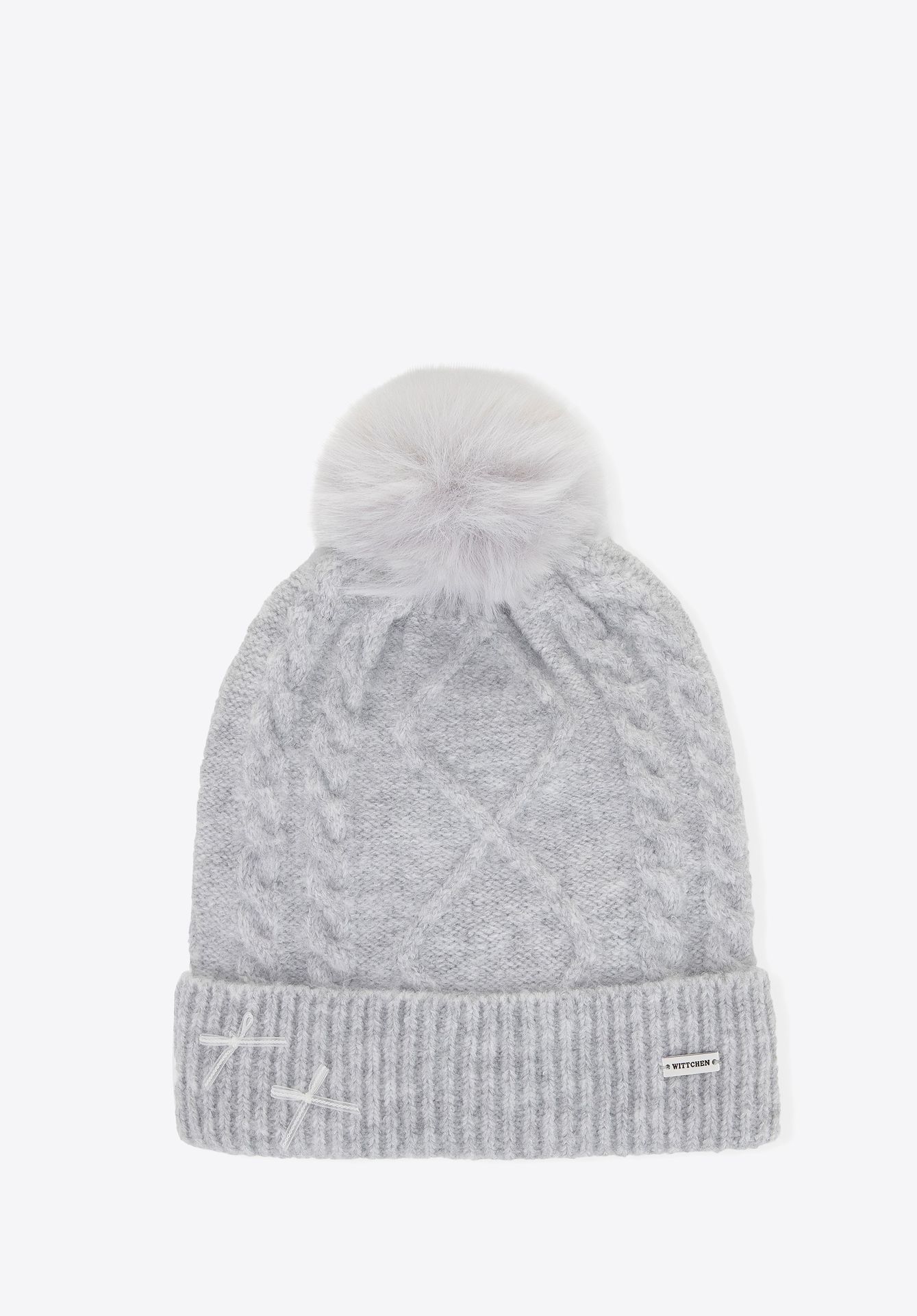 Damska czapka z pomponem i kokardami szara